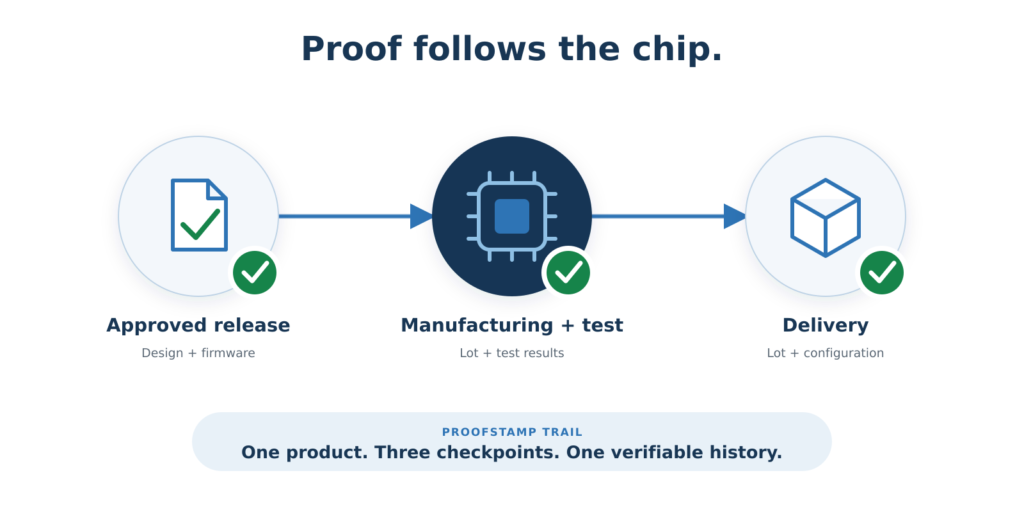 Adding Verifiable Proof to Semiconductor Assurance 3 ProofStamp checkpoints across semiconductor release, manufacture, testing, delivery and post-sale updates