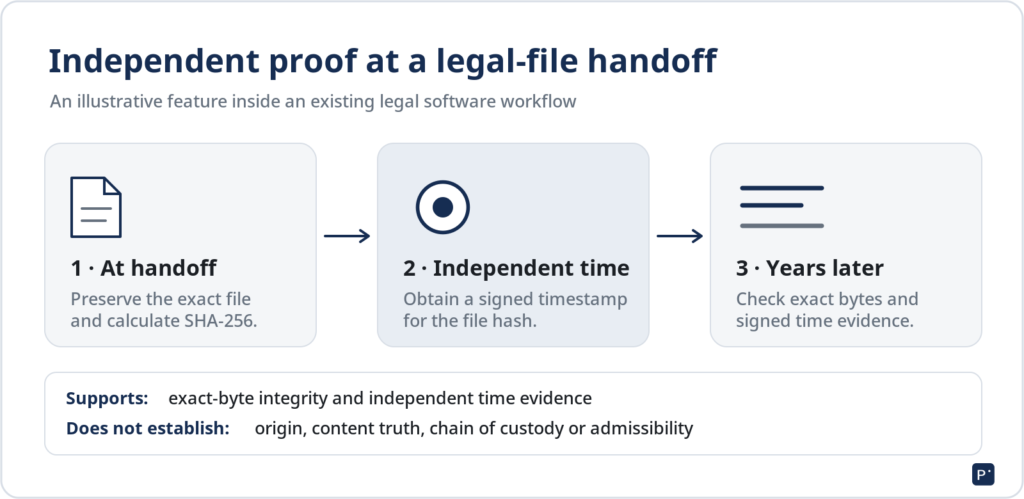 Legal Records Outlive Software. Their Proof Should Too 2 Proposed legal-file workflow: calculate the file hash, obtain an independent timestamp, and verify the exact file later.