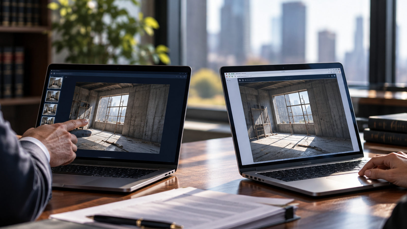 Legal Records Outlive Software. Their Proof Should Too 1 Two people reviewing the same interior photo on laptops at a desk
